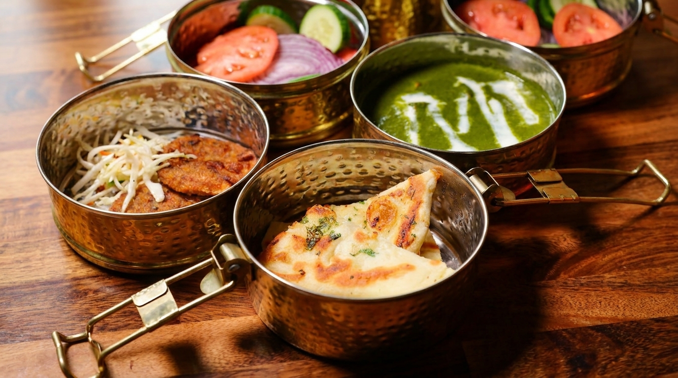 Indian tiffin carrier with naan, green curry, salad, and fried patties on a wooden table.