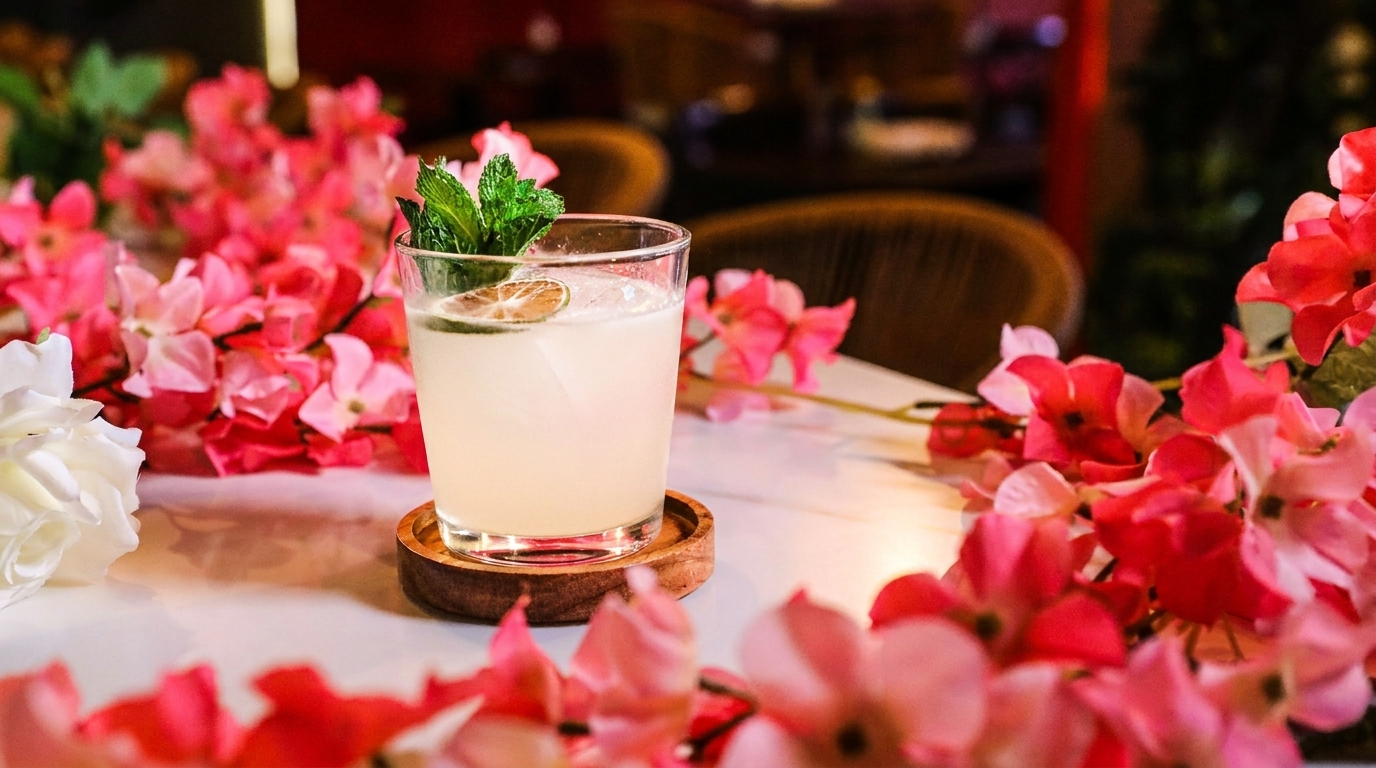 A light cocktail with mint and lime on a wooden coaster, surrounded by pink flowers.