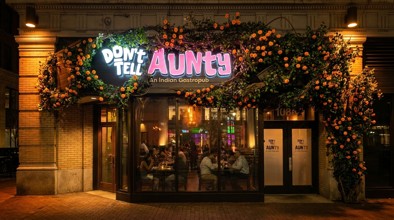 Exterior of "Don't Tell Aunty" Indian gastropub at night, adorned with lush greenery and orange flowers.