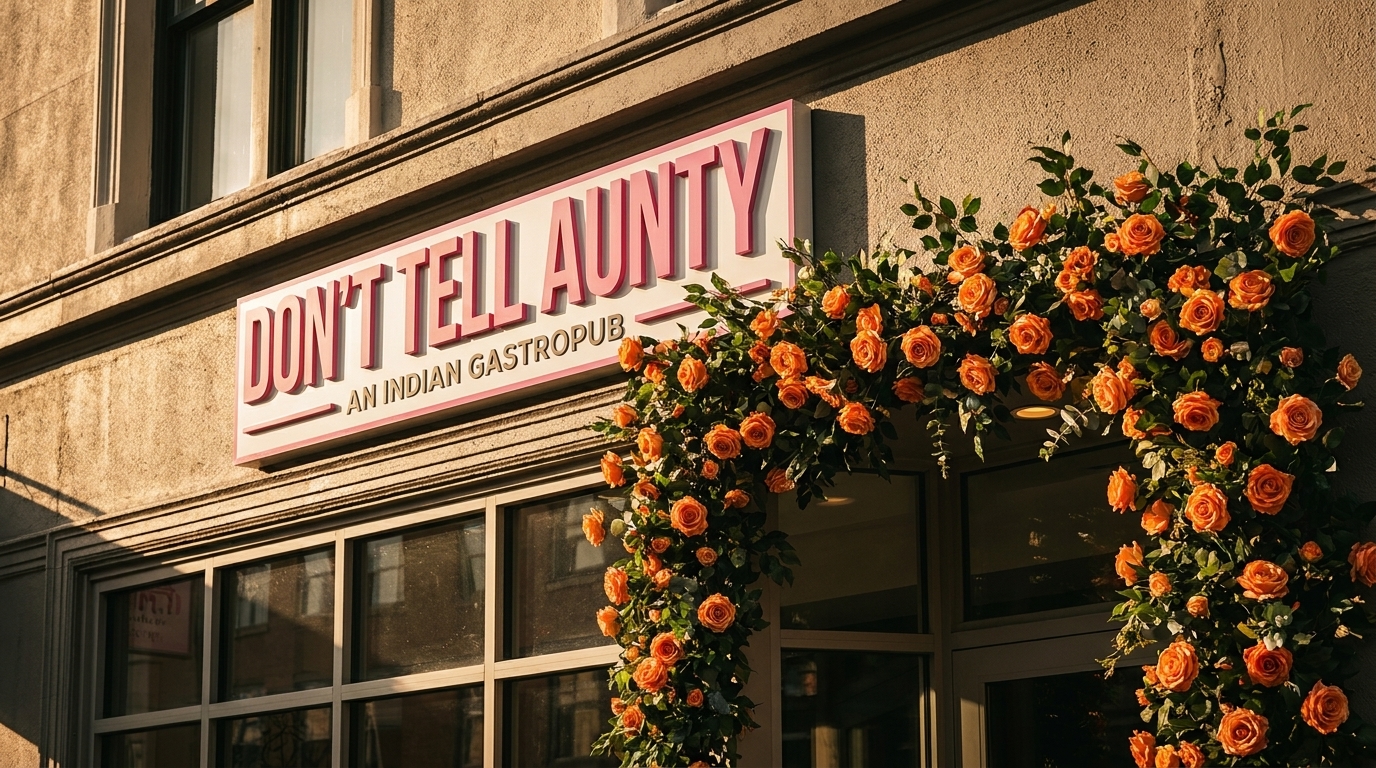 The "Don't Tell Aunty" Indian Gastropub sign with a vibrant orange rose floral archway.
