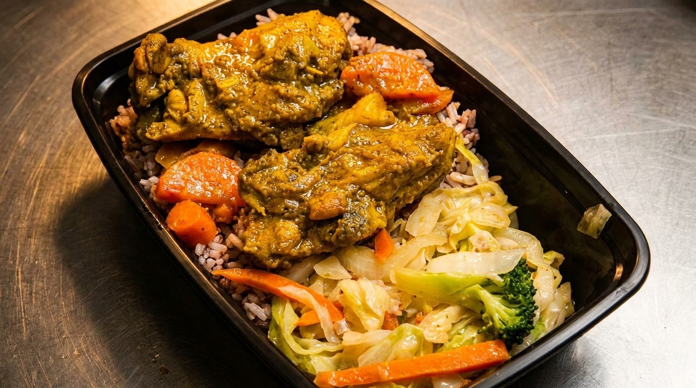 Curry chicken, rice and peas, and steamed cabbage with carrots in a black takeout container.