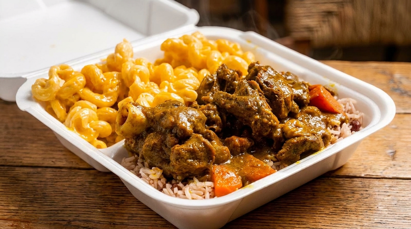 Curry goat with rice and peas, and macaroni and cheese in a white takeout container.