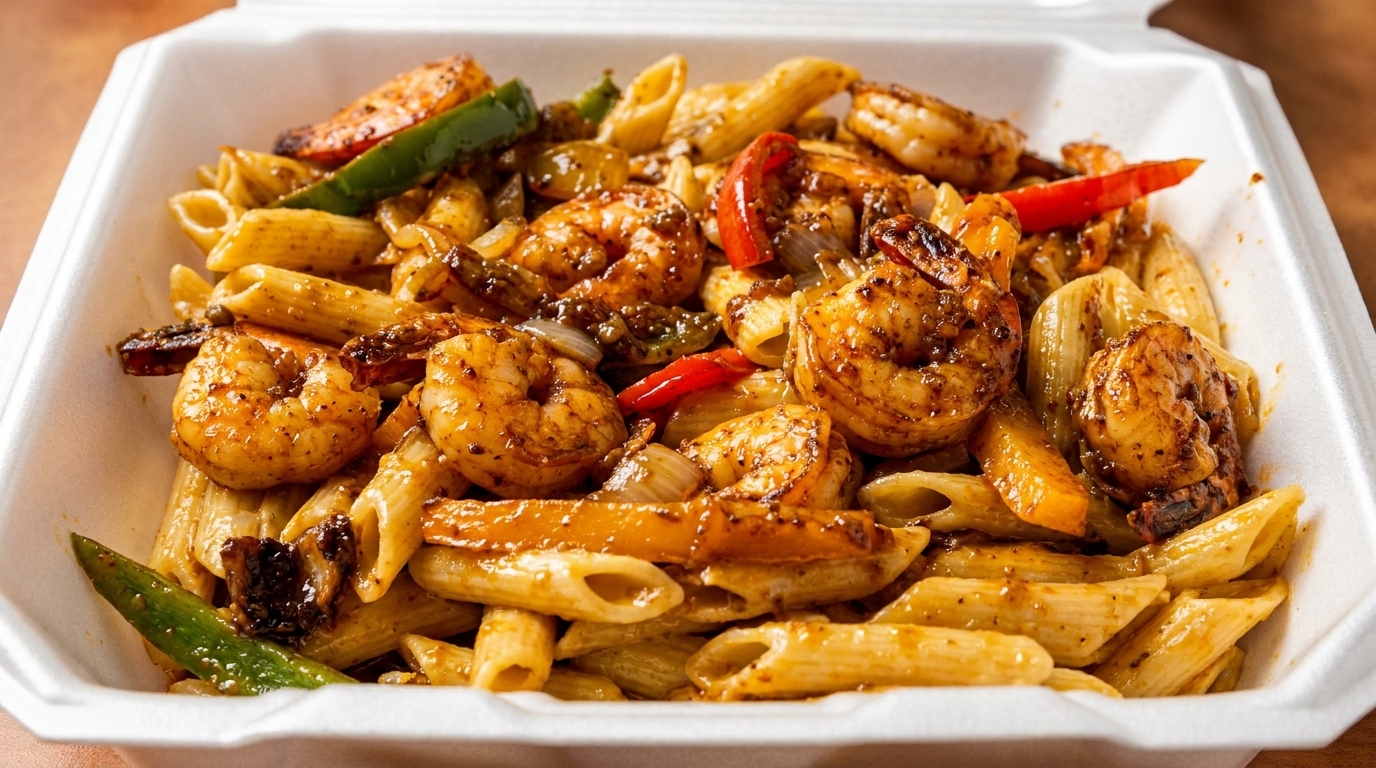 Spicy shrimp and penne pasta with bell peppers and onions in a white takeout container.