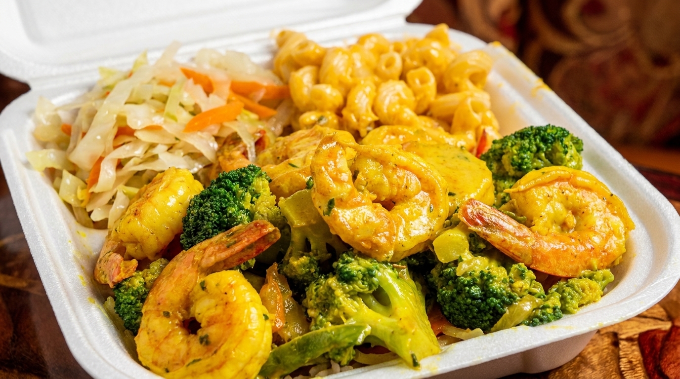 Curried shrimp and broccoli with macaroni and cheese and cabbage in a white takeout container.