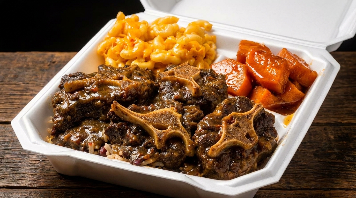 Oxtail stew with rice, macaroni and cheese, and candied yams in a white takeout container.