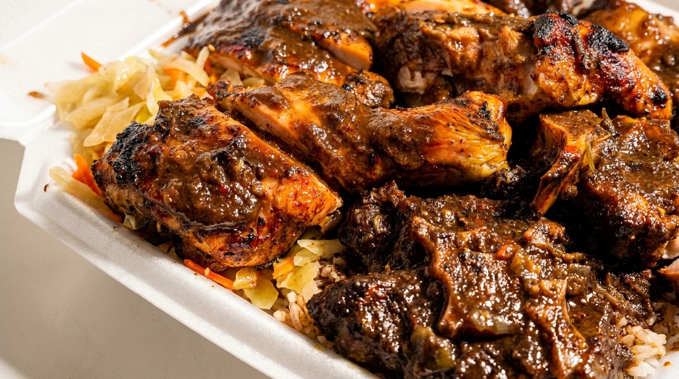 Close-up of jerk chicken and stewed oxtail with rice and cabbage in a takeout container.