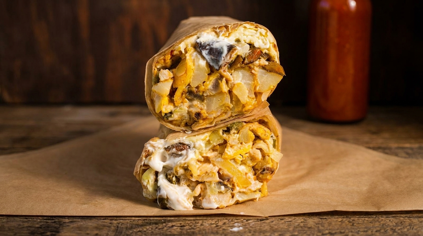 Two halves of a breakfast burrito, filled with eggs, potatoes, cheese, and sauce, on parchment paper.