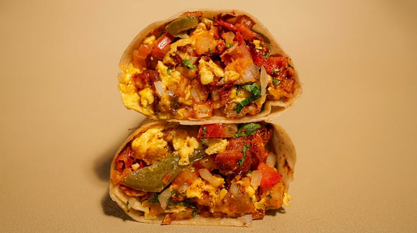 Two halves of a breakfast burrito, filled with scrambled eggs, bacon, peppers, and onions.
