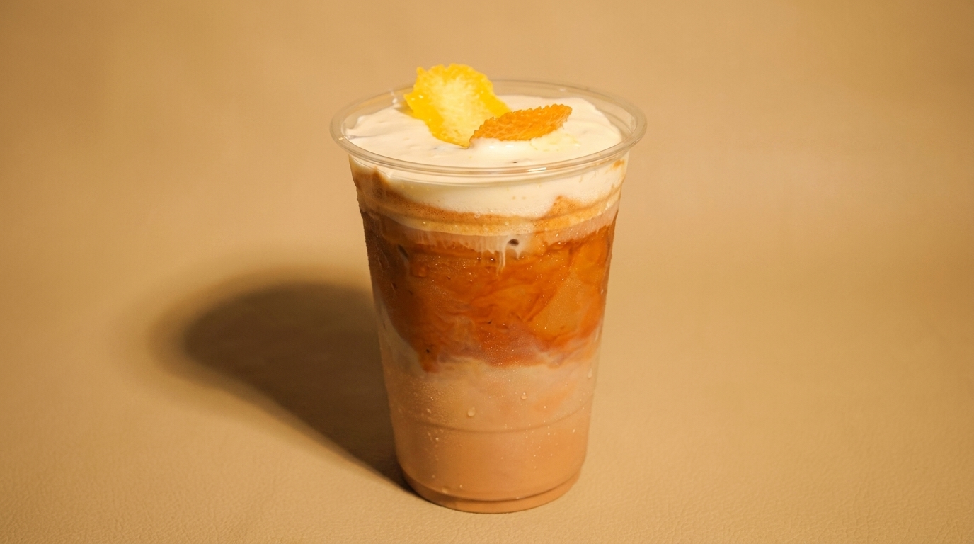 Iced coffee with cream and orange peel garnish in a clear plastic cup.
