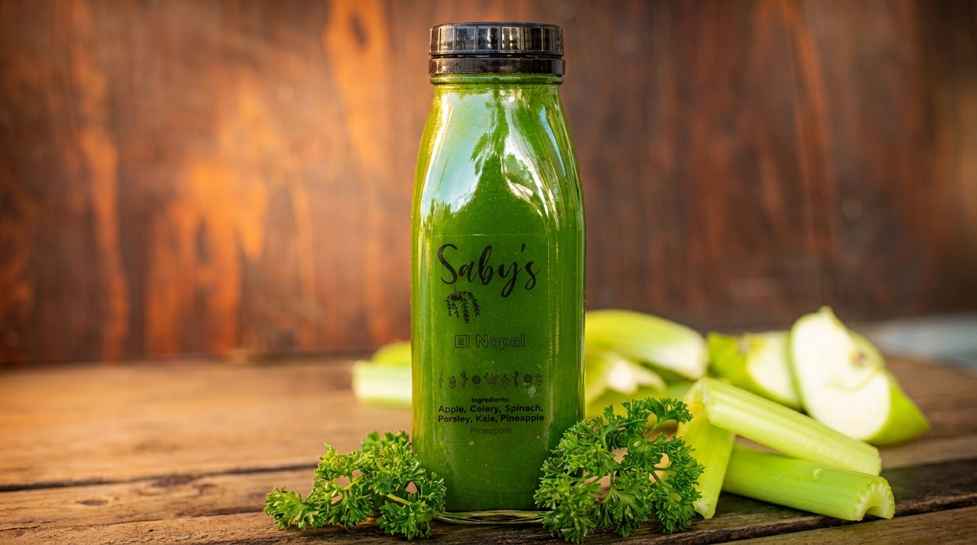 A Saby's El Nopal green juice bottle with ingredients listed, surrounded by parsley, celery, and apple slices.