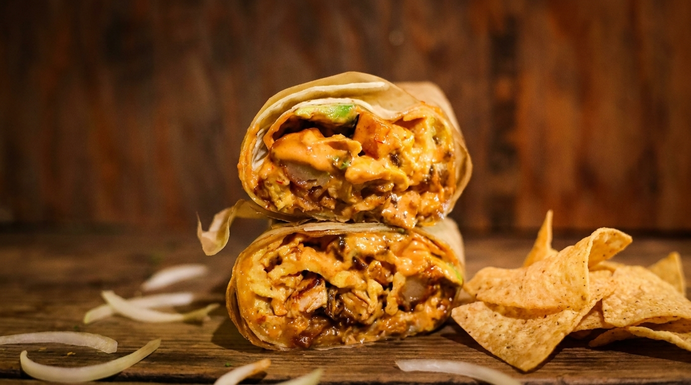A chicken and avocado burrito, cut in half, with tortilla chips and sliced onions on a wooden table.