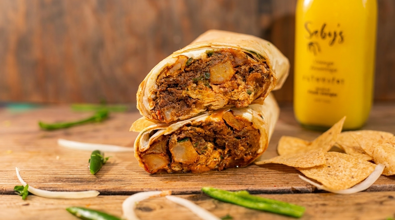 Two halves of a burrito filled with meat and potatoes, alongside chips and a yellow drink.