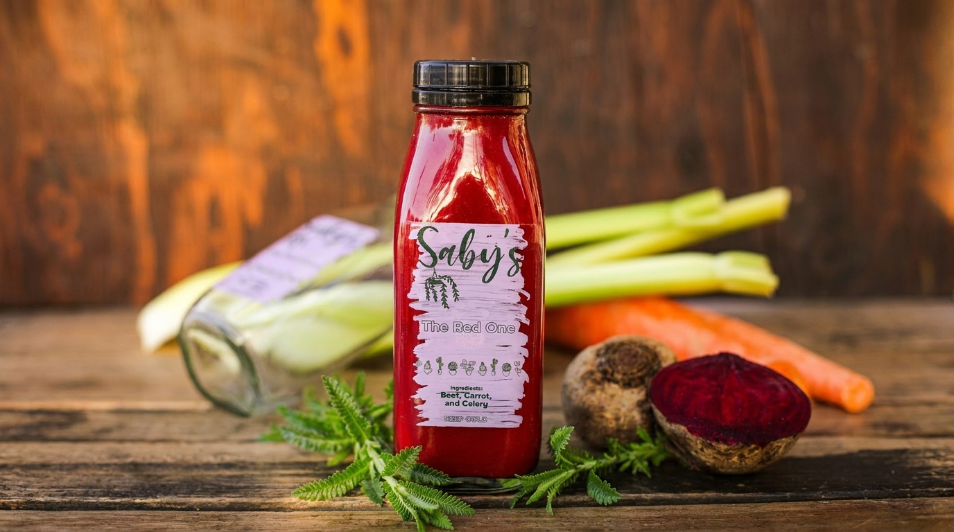 A bottle of Saby's "The Red One" juice, made from beet, carrot, and celery, on a wooden surface.