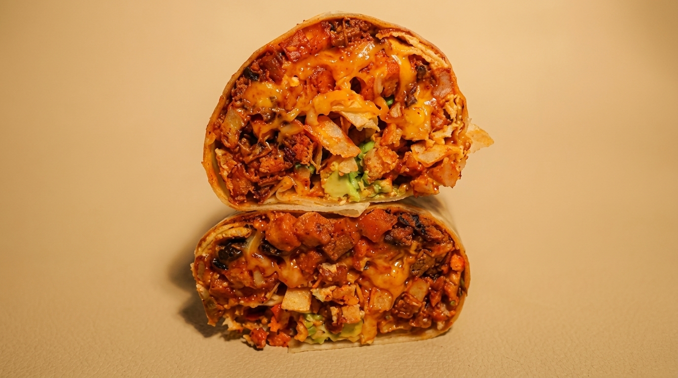 A large burrito cut in half, revealing a hearty filling of meat, cheese, and avocado.