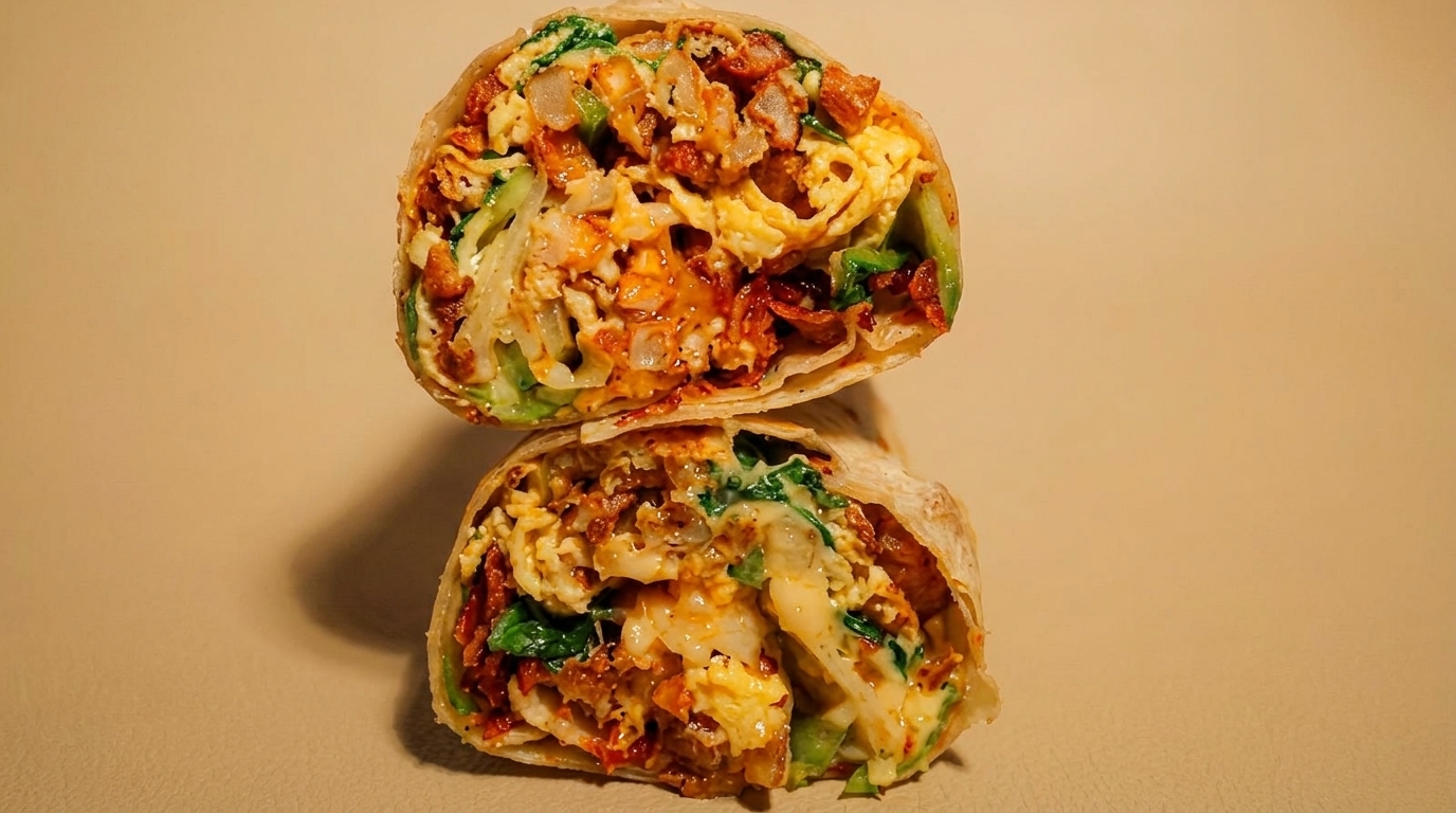 Two halves of a breakfast burrito, revealing scrambled eggs, bacon, potatoes, and greens.