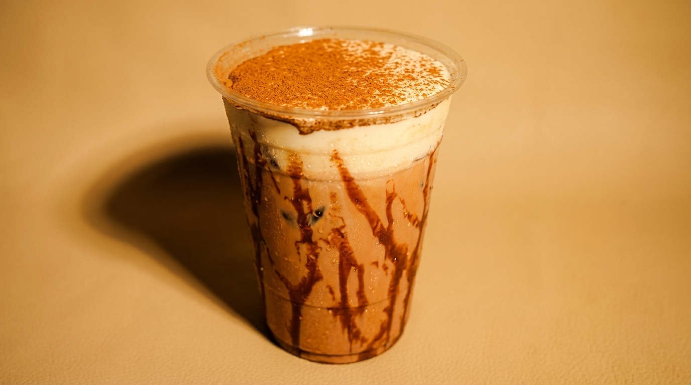 Iced chocolate drink in a clear plastic cup, topped with whipped cream and cocoa powder.