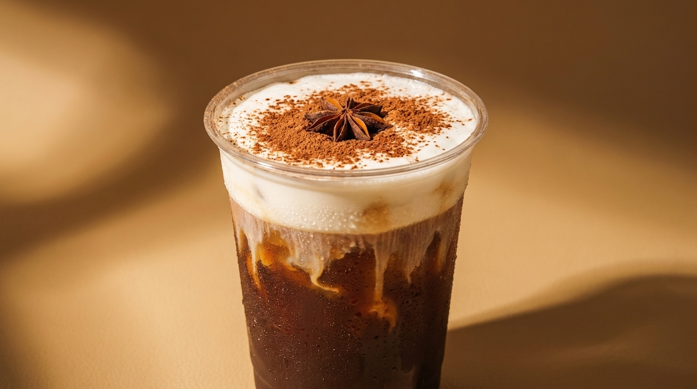 Iced coffee with cream, cocoa powder, and a star anise in a plastic cup.