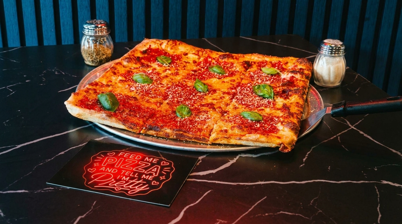 Square-cut pizza with red sauce, cheese, and basil on a dark marble table with shakers.