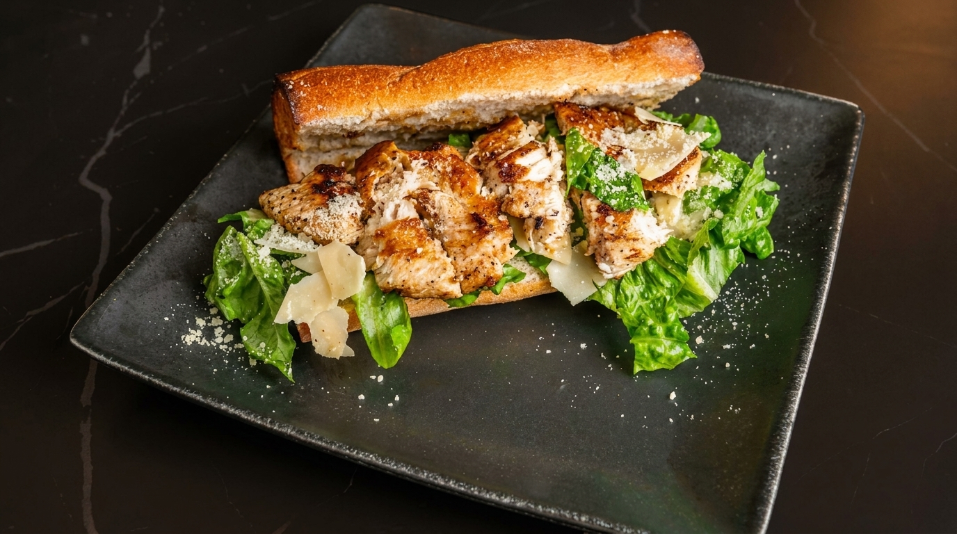 Grilled chicken Caesar sandwich with lettuce and parmesan cheese on a dark plate.