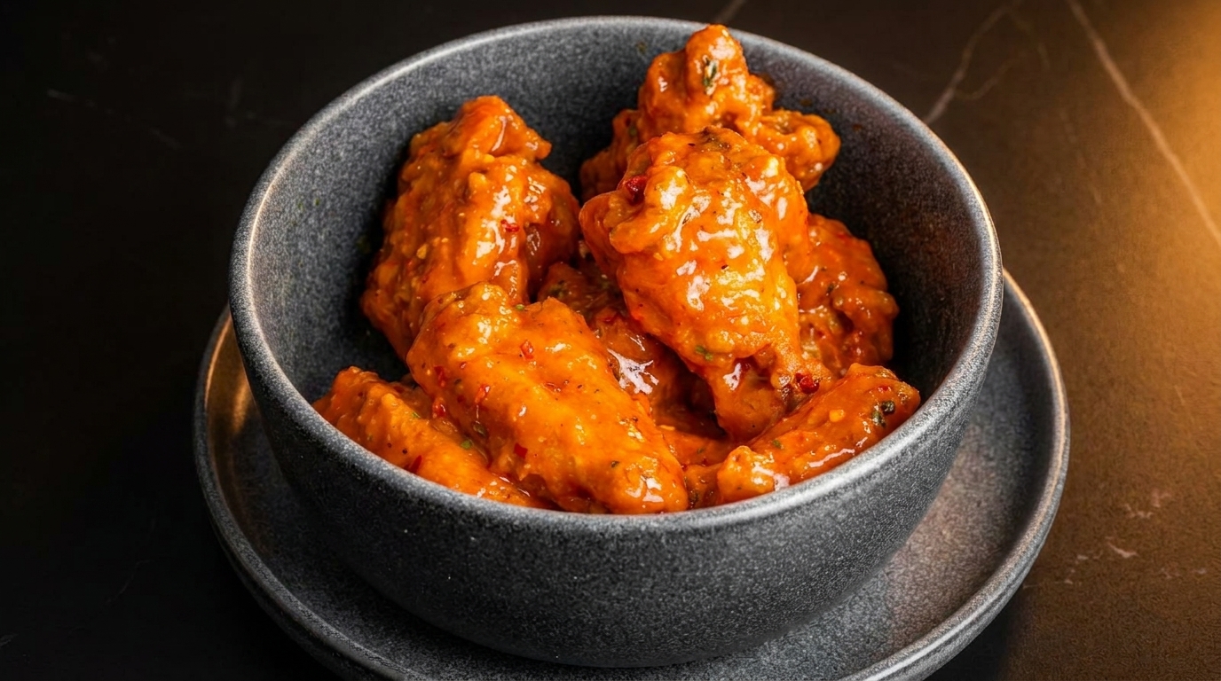 A dark gray bowl filled with orange, saucy chicken wings, garnished with red pepper flakes.