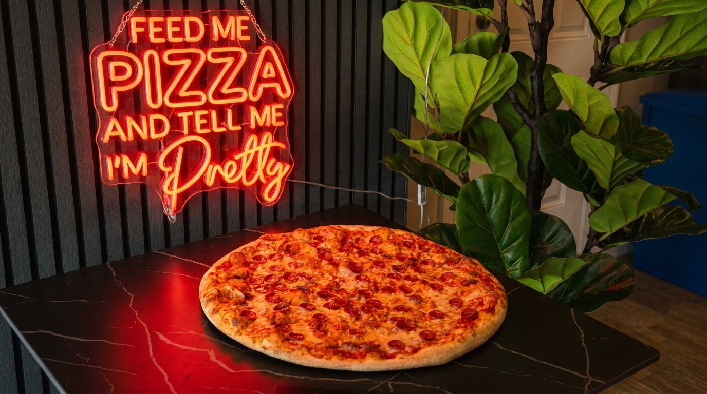 A pepperoni pizza on a black marble table with a red neon sign that says "FEED ME PIZZA AND TELL ME I'M PRETTY".