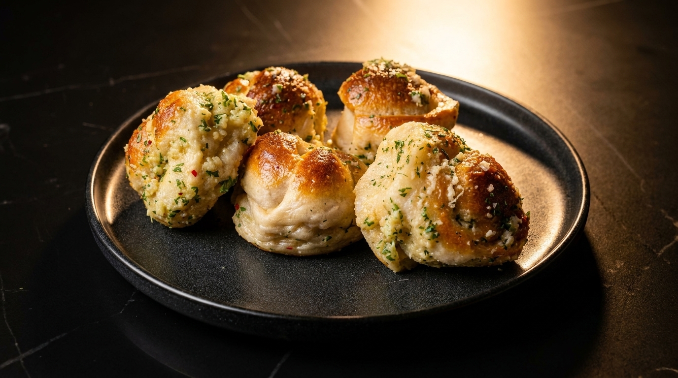 Five golden-brown garlic knots, topped with herbs and cheese, on a dark plate.