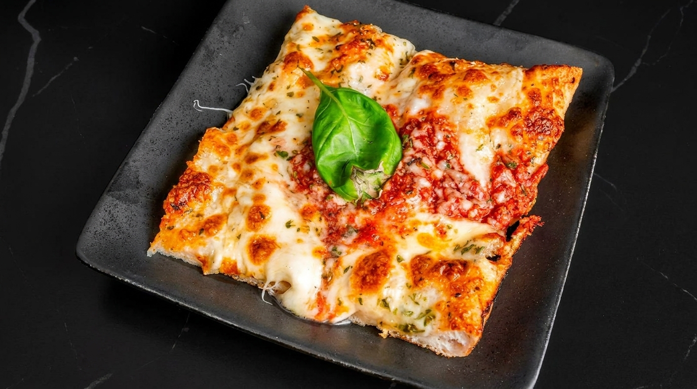 Two square slices of cheesy pizza with tomato sauce and a basil leaf on a black plate.