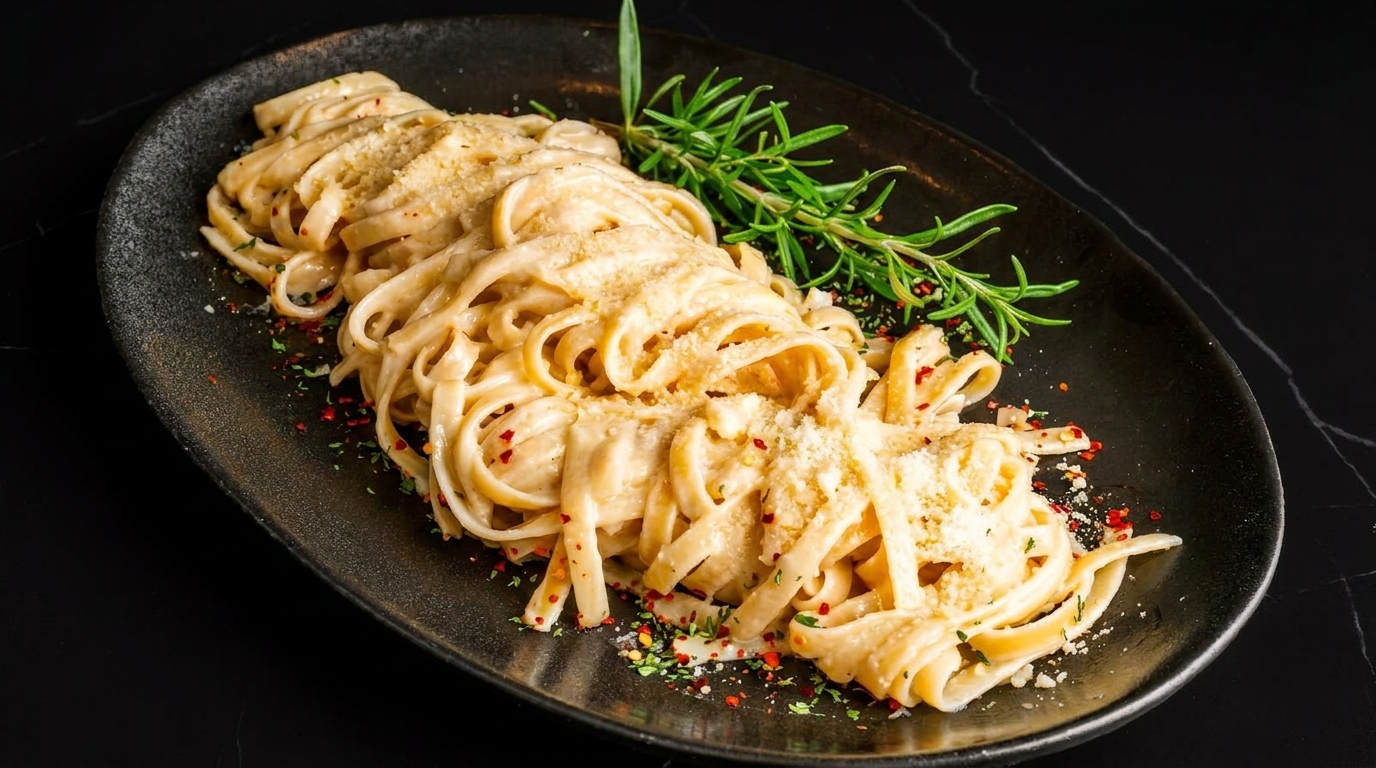 Creamy fettuccine alfredo with parmesan, red pepper flakes, and rosemary on a dark plate.