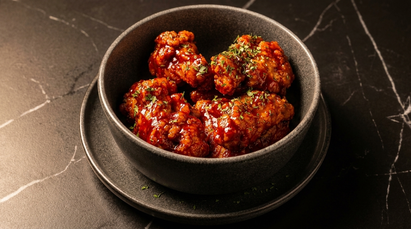 A dark bowl filled with glossy, red-sauced chicken wings, garnished with green herbs, on a black marble surface.