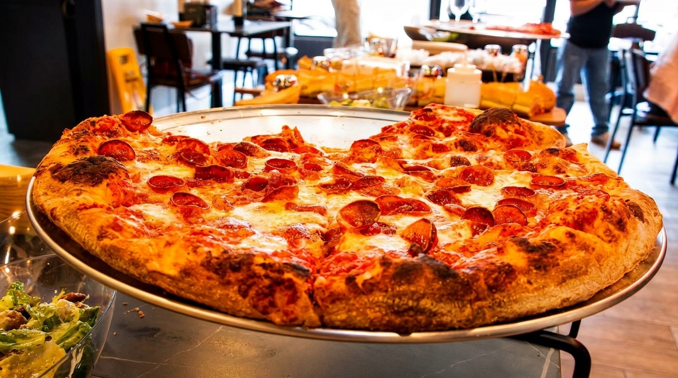 A large pepperoni pizza with several slices removed, on a metal tray in a restaurant.