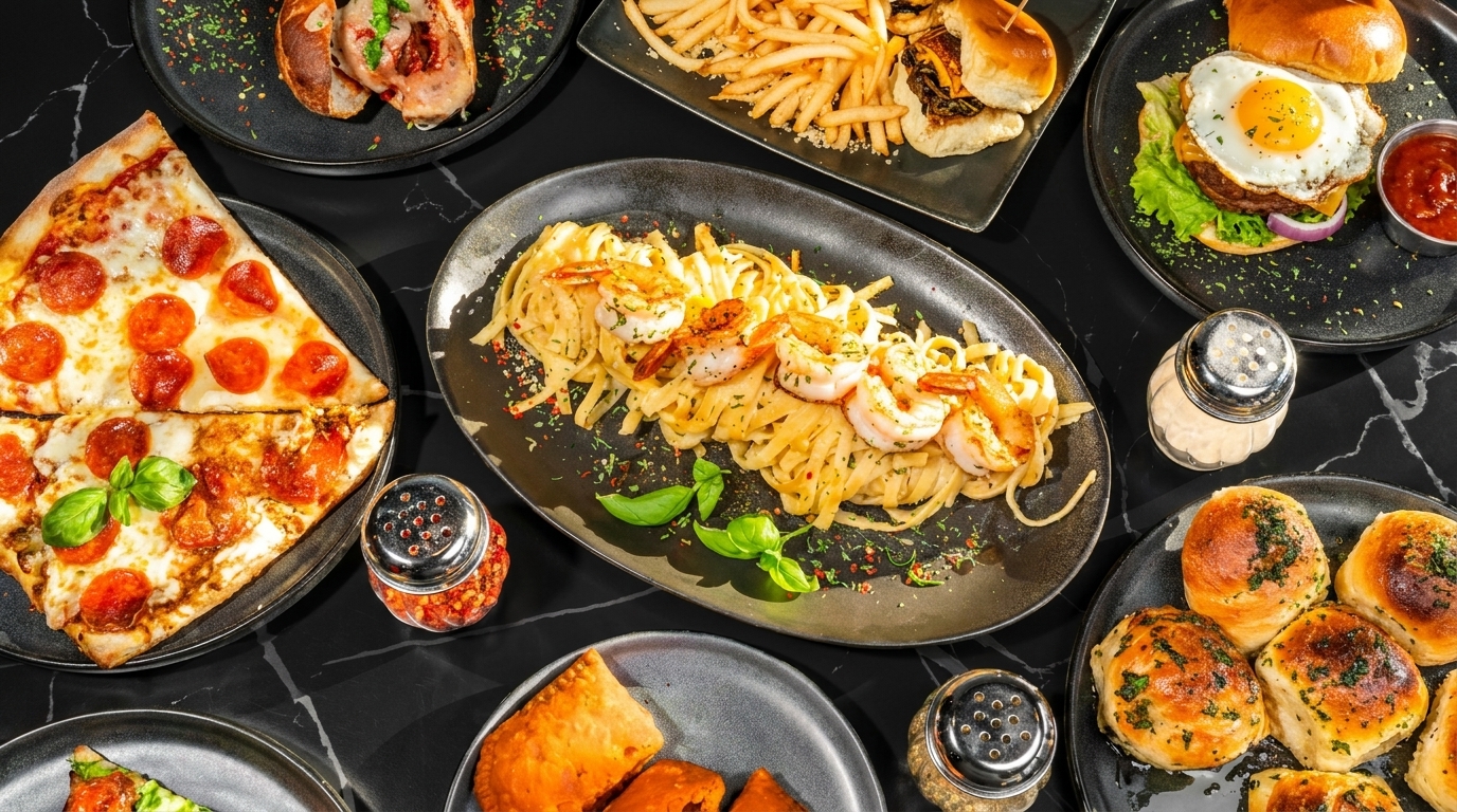 A black table laden with various dishes, including pizza, pasta with shrimp, burgers, and pastries.
