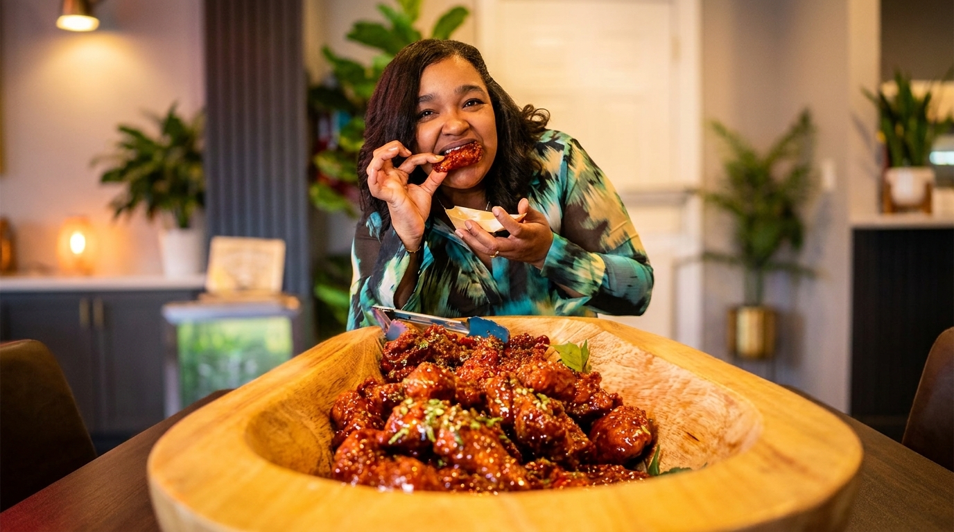 A woman happily eating a chicken wing from a large wooden bowl filled with wings.