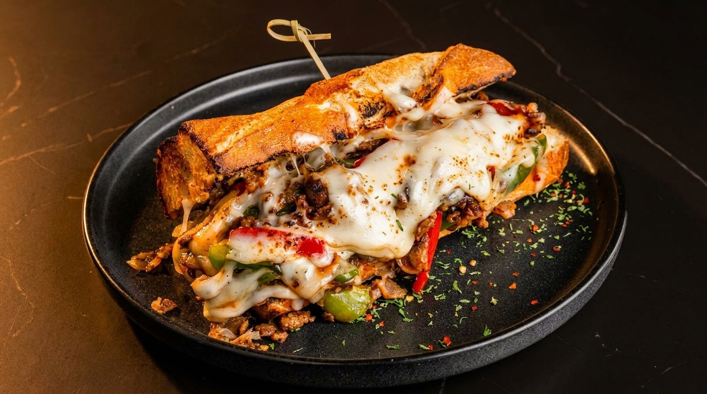 Cheesesteak sandwich with melted cheese, peppers, and onions on a black plate.