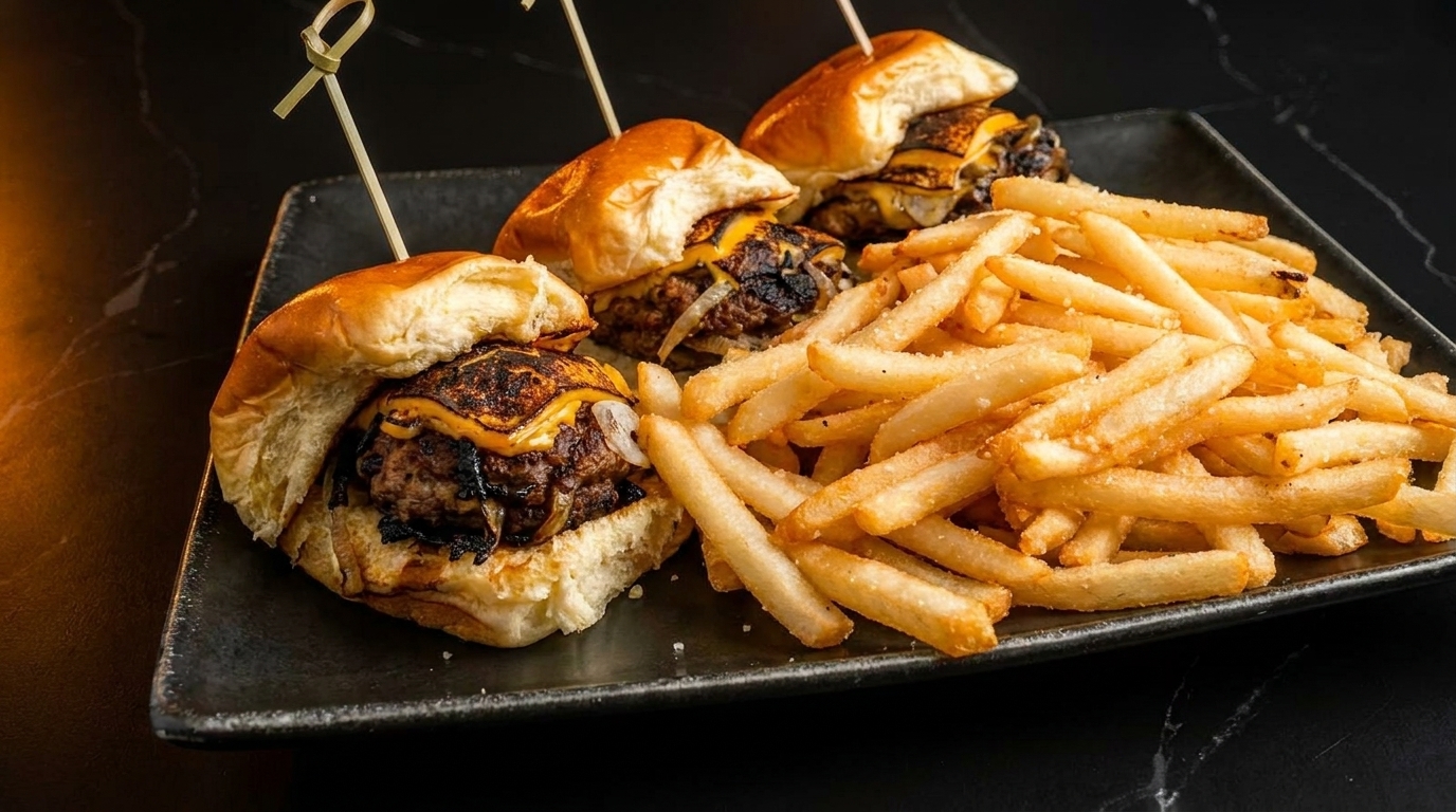 Three cheeseburger sliders with caramelized onions and a pile of golden french fries on a dark plate.