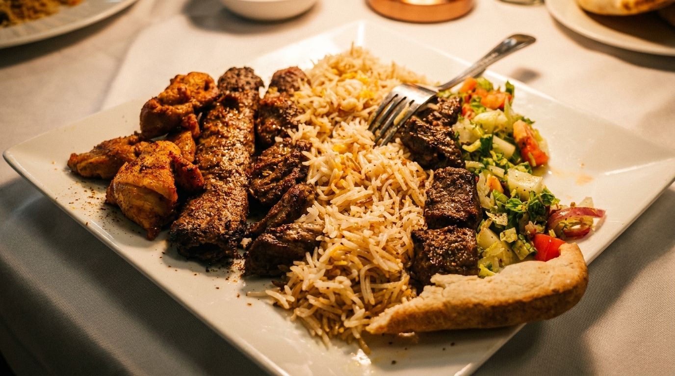 A large plate of grilled chicken and beef kebabs with rice, salad, and flatbread.