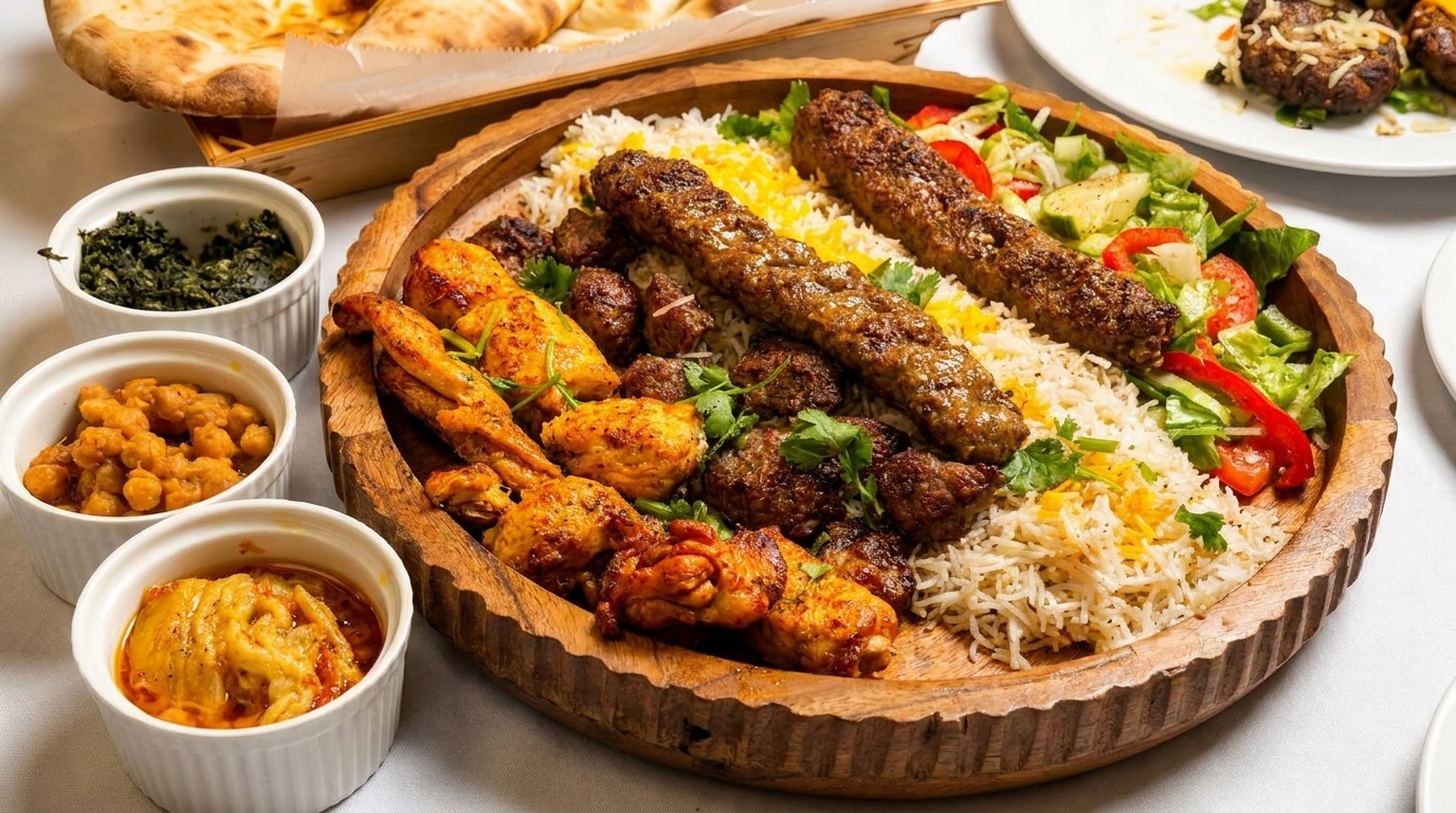 A large wooden platter with rice, various kebabs, chicken, salad, and side dishes.