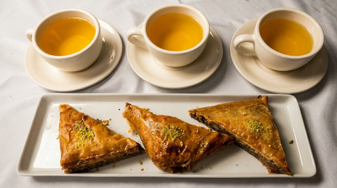Three cups of golden tea and three triangular baklava pastries with pistachio crumbles on a white tablecloth.