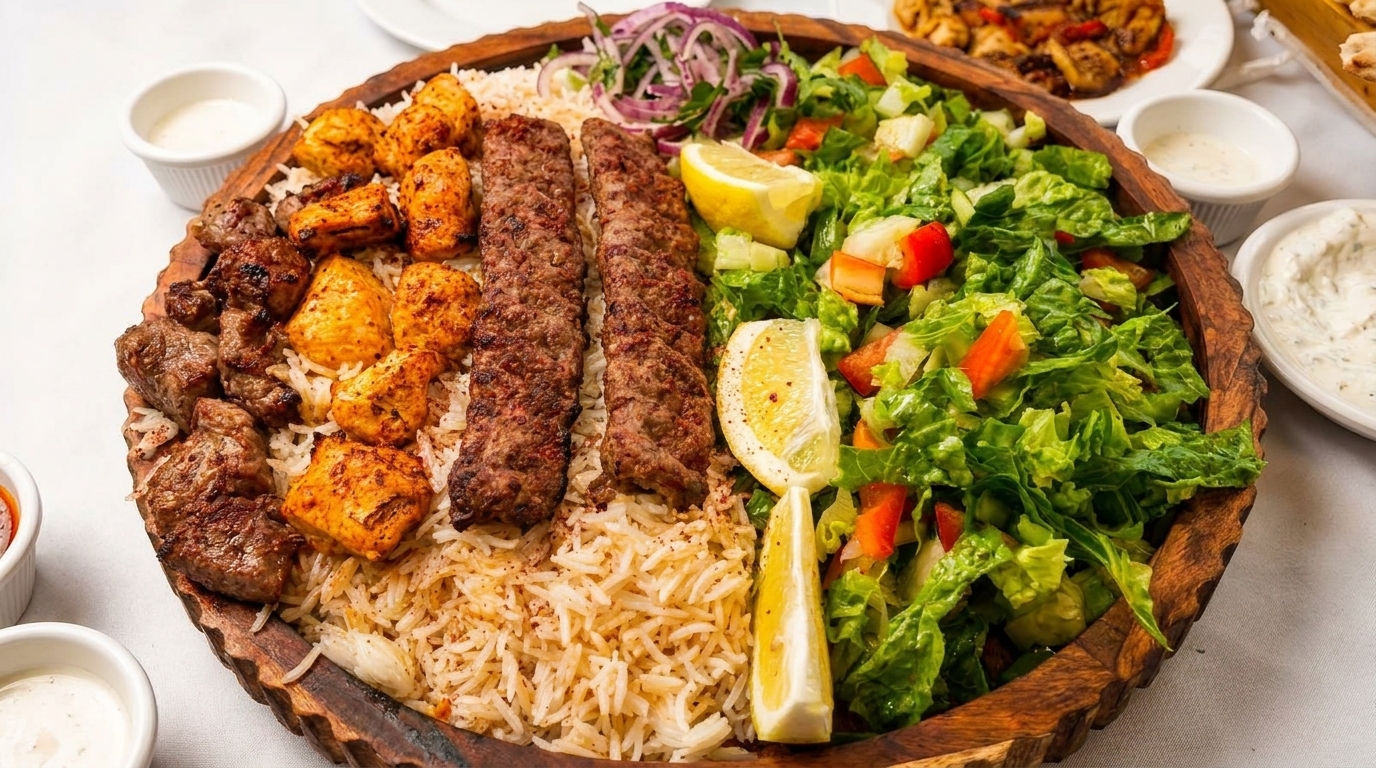 A large wooden platter with rice, various grilled meats, a fresh green salad, and lemon wedges.