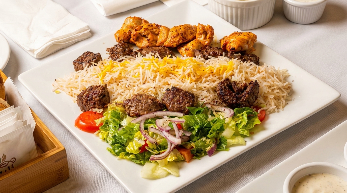 A white rectangular plate with chicken and beef kebabs, rice, and a side salad.