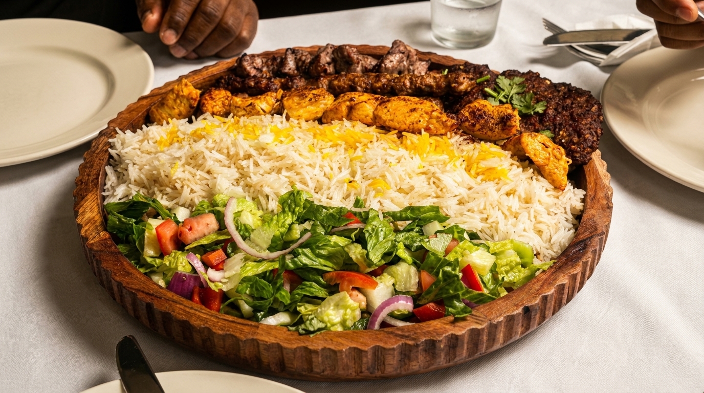 Large wooden platter with rice, salad, and three types of grilled meat kebabs.