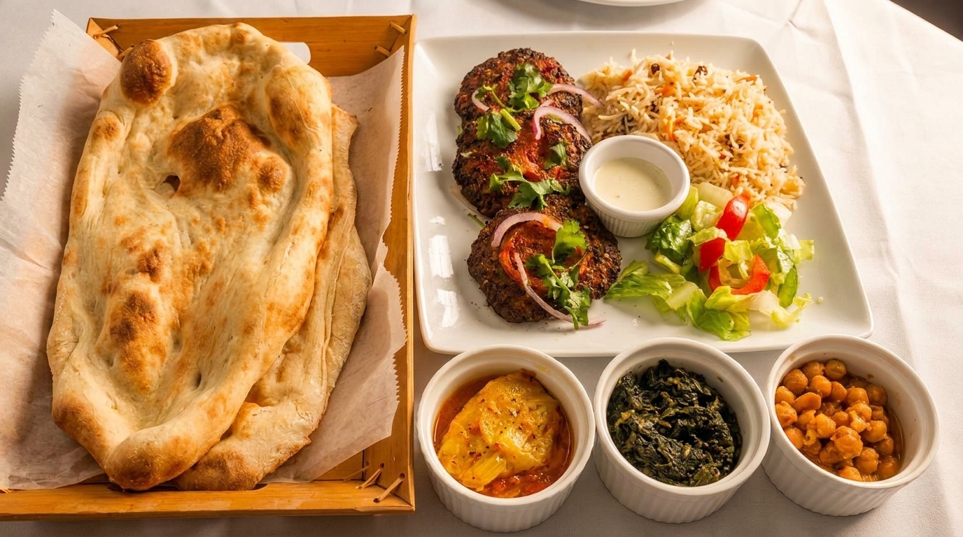 A full meal with naan bread, meat patties, rice, salad, and three side dishes.
