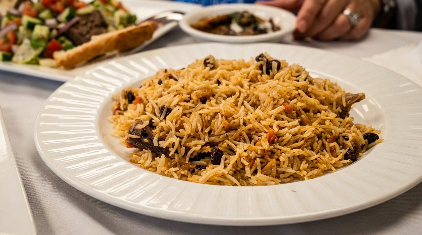 A close-up of a plate of rice pilaf with raisins and meat, with a salad in the background.