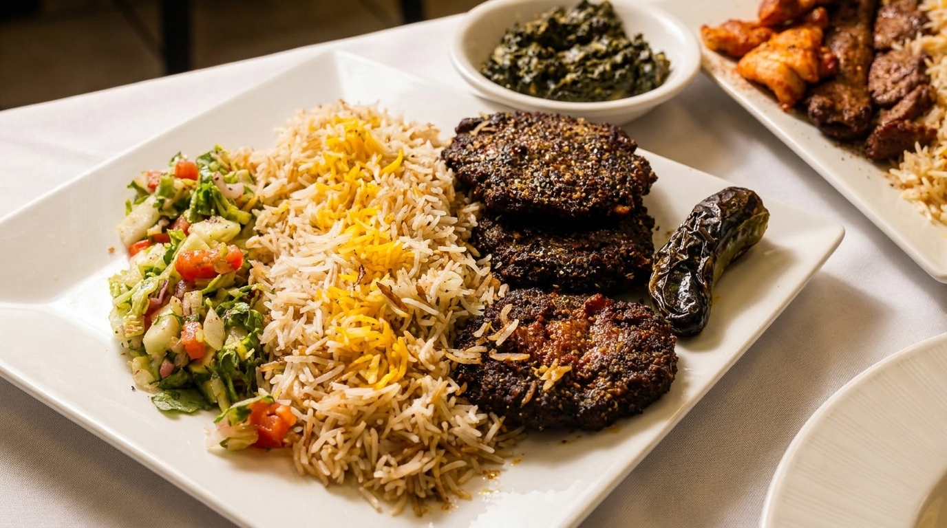 A white rectangular plate with rice, salad, three dark patties, and a roasted pepper.