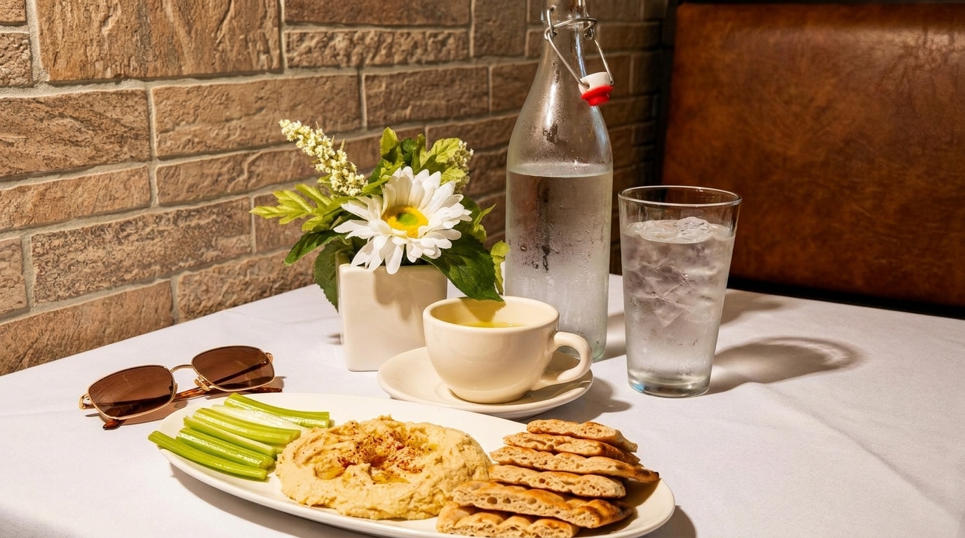 Hummus with pita bread and celery sticks, water, tea, and sunglasses on a white tablecloth.