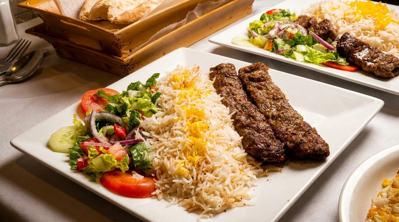 Two plates of grilled meat skewers with rice and fresh salad, alongside a bread basket.