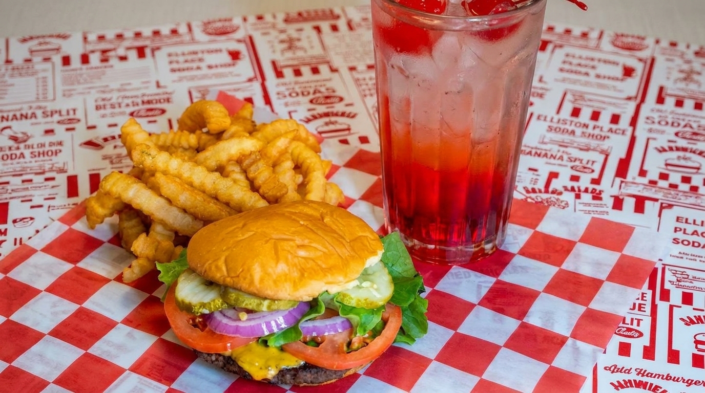 Cheeseburger with crinkle-cut fries and a cherry soda on red and white checkered paper.