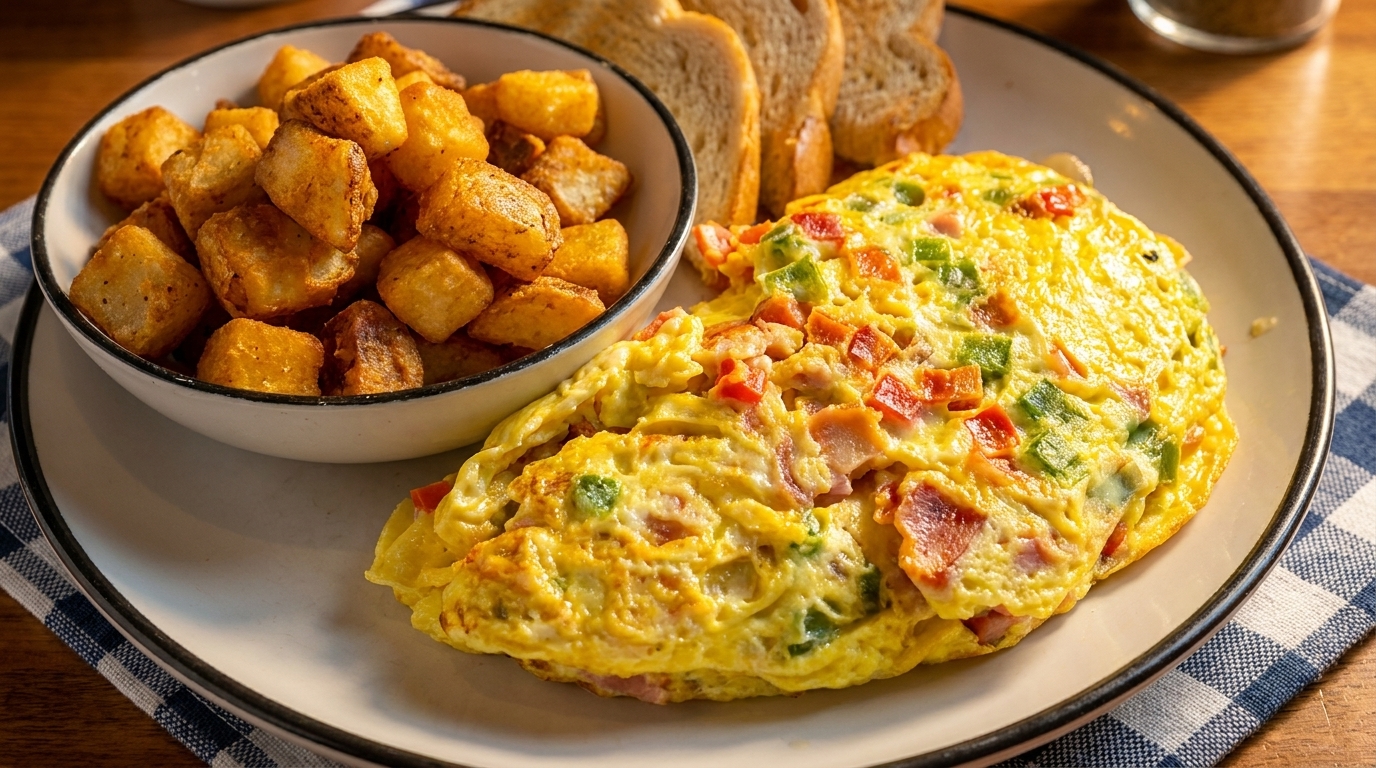 A breakfast plate with a fluffy omelet, crispy home fries, and toasted bread slices.
