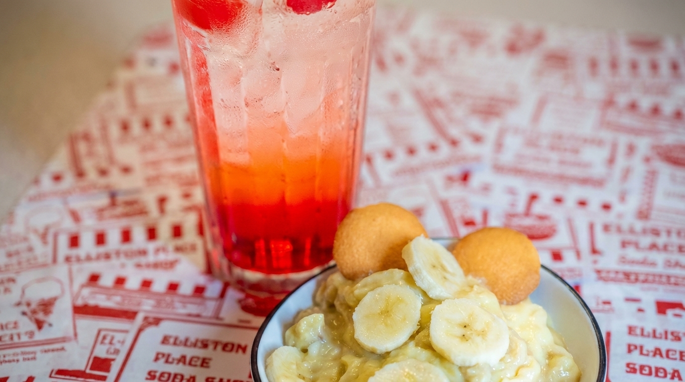 Banana pudding with vanilla wafers and a red soda with cherries on a patterned tablecloth.