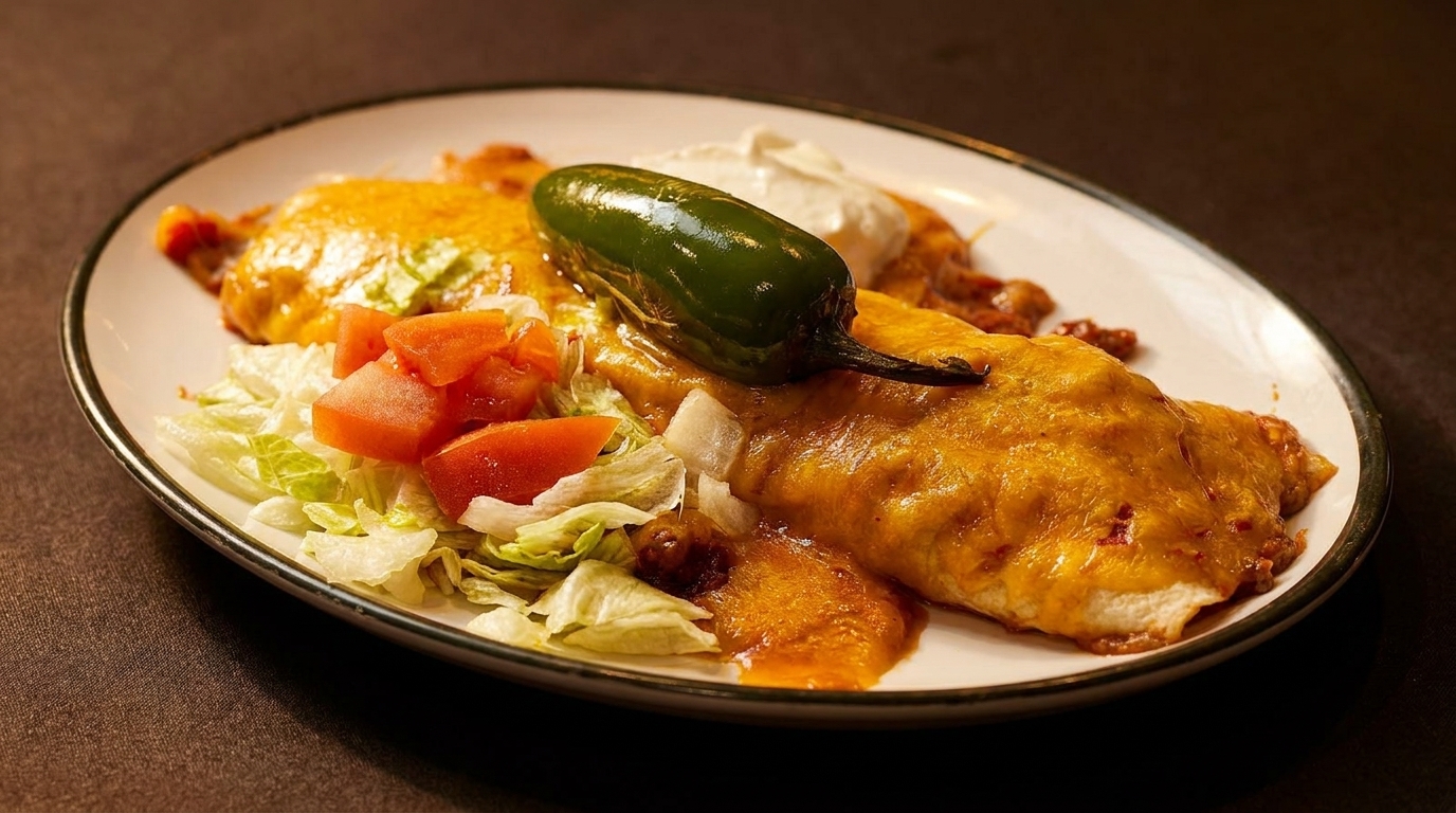Two cheesy enchiladas with a whole jalapeño, sour cream, lettuce, and diced tomatoes.