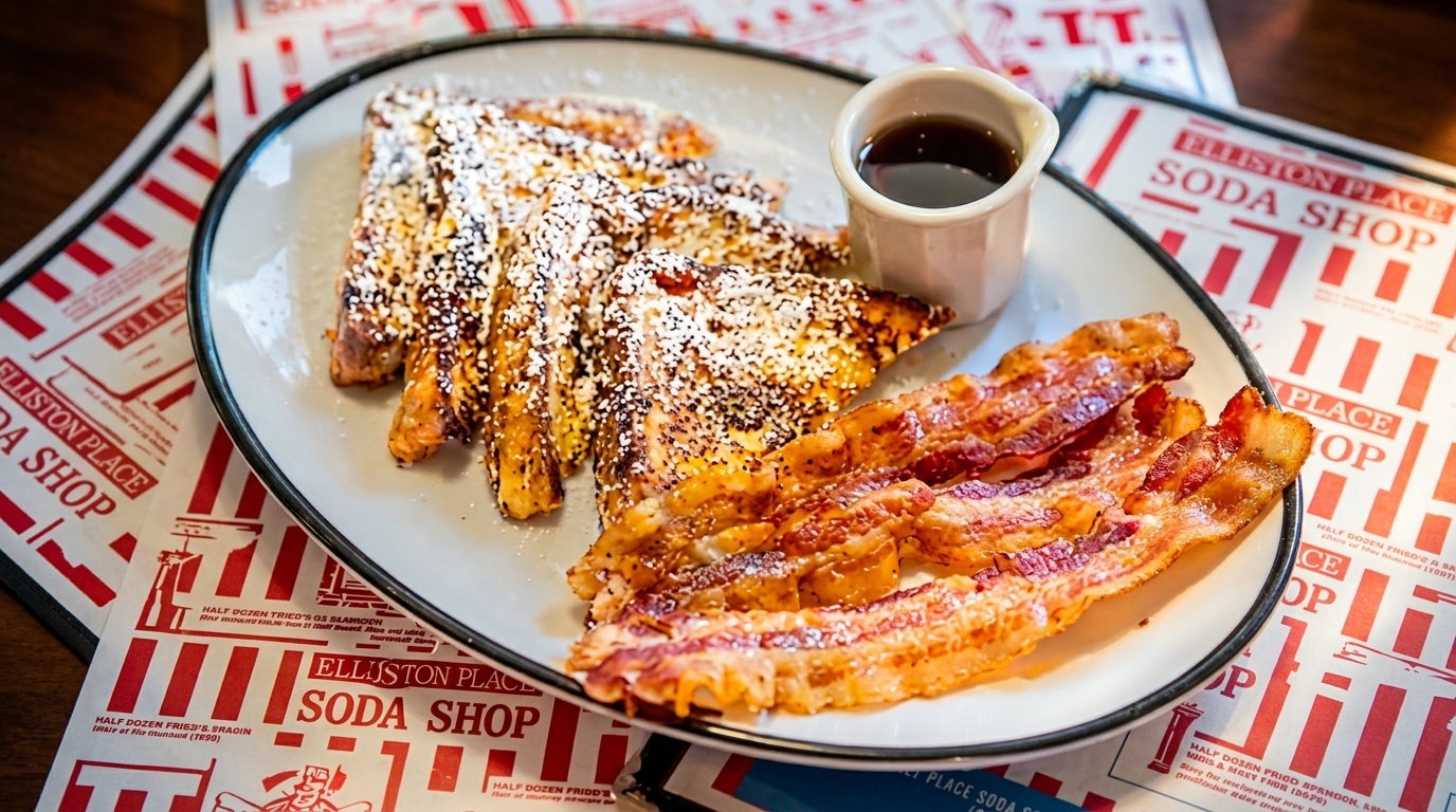 French toast with powdered sugar, crispy bacon, and a side of syrup on a white plate.